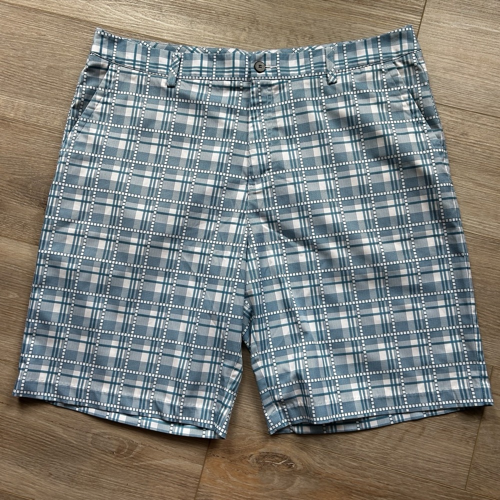 Adidas Golf Shorts Men's Size 38 Stretch Poly Blue Plaid 10"‎ Inseam